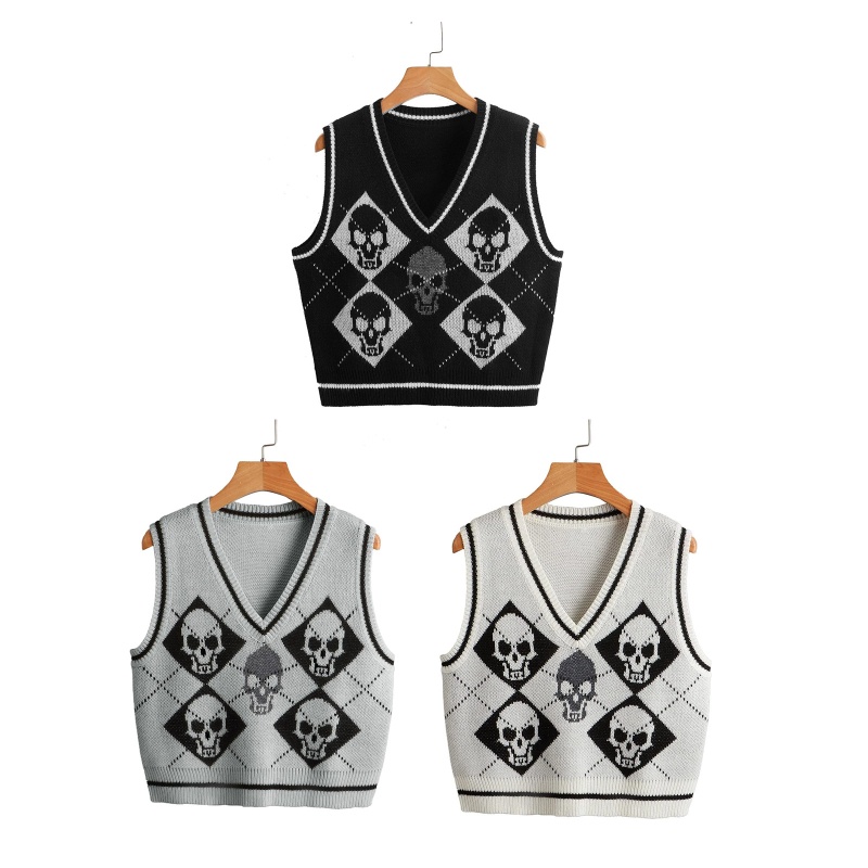 Brroa Áo Len Không Tay Dệt Kim In Hình Đầu Lâu Kim Cương Kẻ Sọc Phong Cách Gothic Punk Harajuku Cho Nữ V-Nec