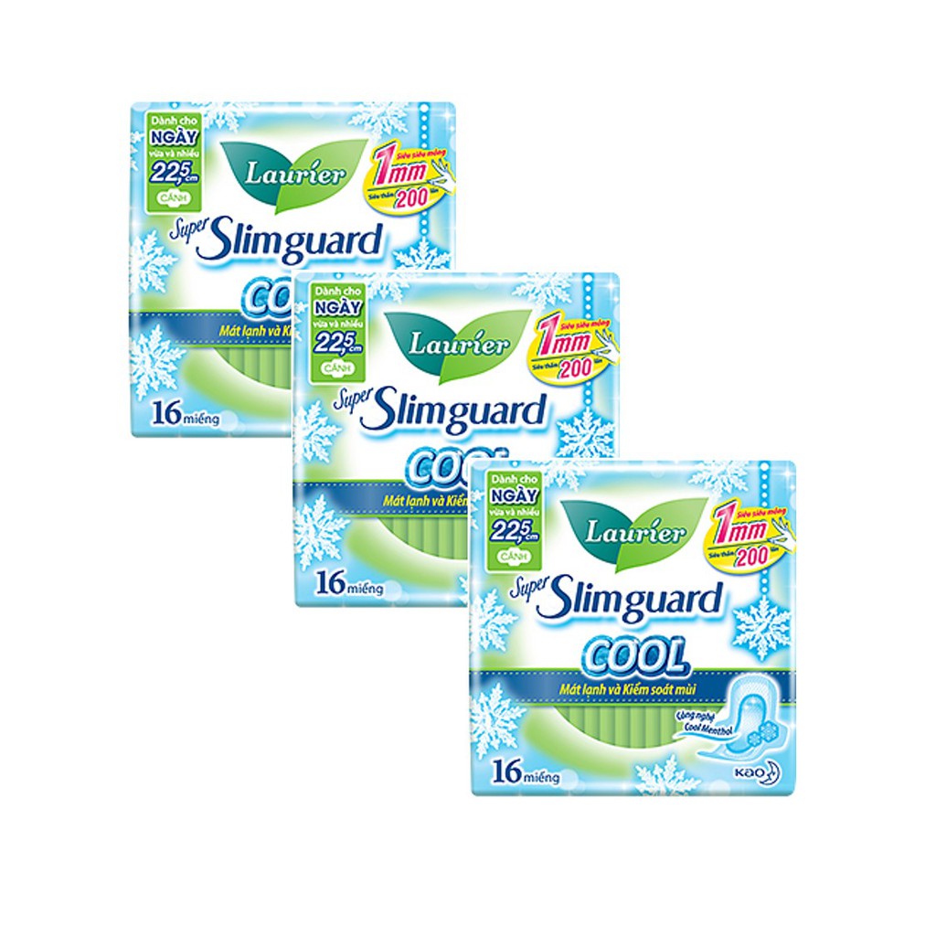 Combo 3 gói Băng Vệ Sinh Laurier Siêu Mỏng Cánh 1mm Super Slimguard Cool Mát Lạnh (22,5cm-16M)