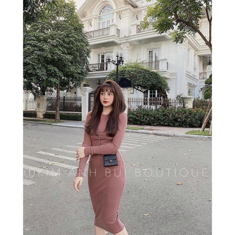 VÁY LEN BODY NHUNG TĂM CỔ TRÒN , Váy len body dài tay khoá lưng nhiều màu hàng đẹp , Đầm len body dài tay
