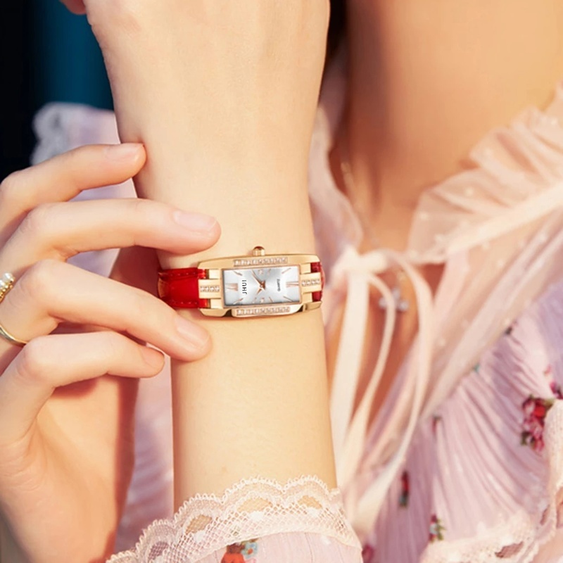 Đồng hồ quartz mặt vuông đính đá dây da đơn giản thời trang dành cho nữ