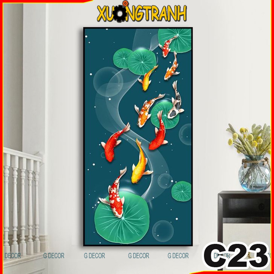 Tranh treo tường canvas 1 bức phong cách hiện đại Bắc Âu 23, tranh cửu ngư quần hội trang trí phòng khách, phòng ngủ,spa