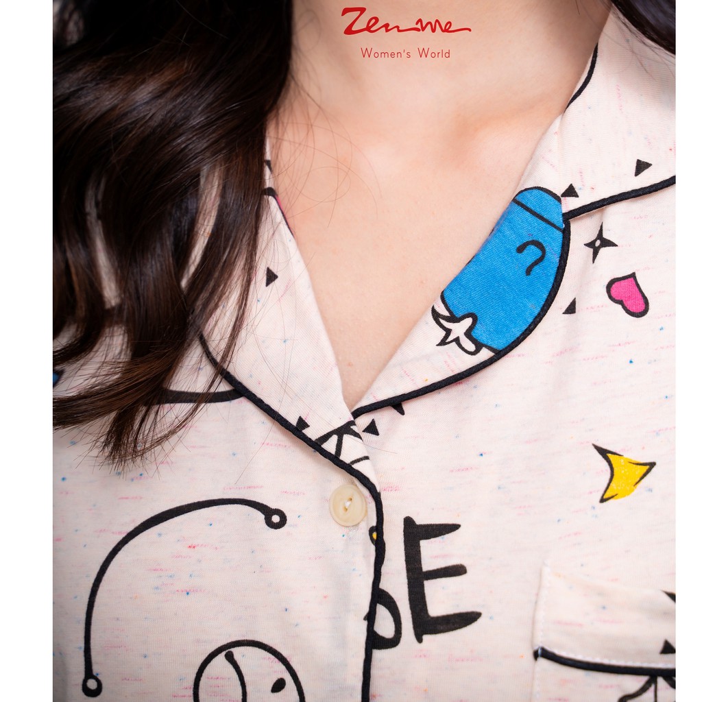 Đồ bộ nữ Zen Me pijama mặc nhà tay cộc quần đùi chất liệu chuẩn cotton họa tiết cá voi kem dễ thương | BigBuy360 - bigbuy360.vn