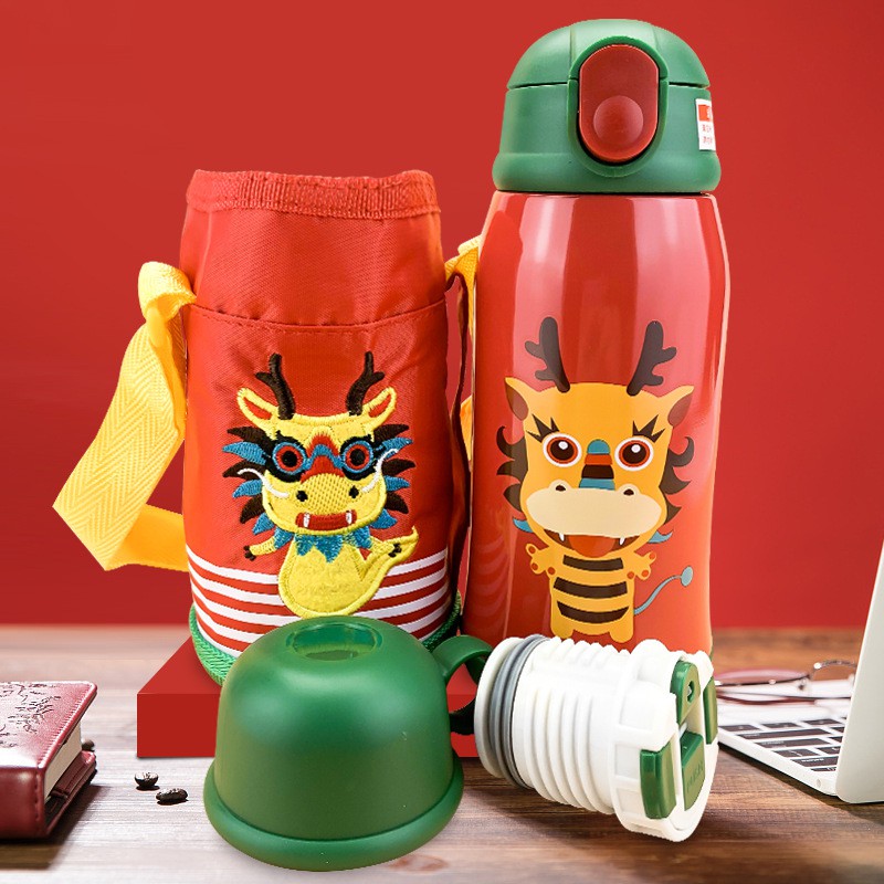 Bình Nước Giữ Nhiệt Hình Khủng Long Hoạt Hình Có Dây Đeo Cho Bé SUS304 600Ml