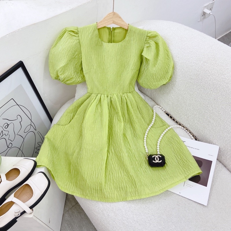 ĐẦM BBD XƯỢC XỐP TAY BỒNG CỔ TRÒN