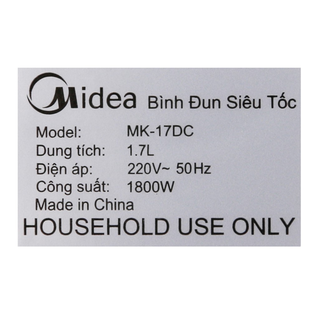 Bình siêu tốc Midea 1.7 lít MK-17DC - hàng trưng bày ,Chất liệu ruột bình:Inox cao cấp SUS 304, công suất 1800W