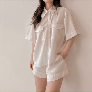Set Đồ Nữ Trắng, Sét Áo Sơ Mi Tay Lỡ 2 Túi Mix Quần Short Rời Cùng Tông Màu Siêu Cá Tính, Năng Động.