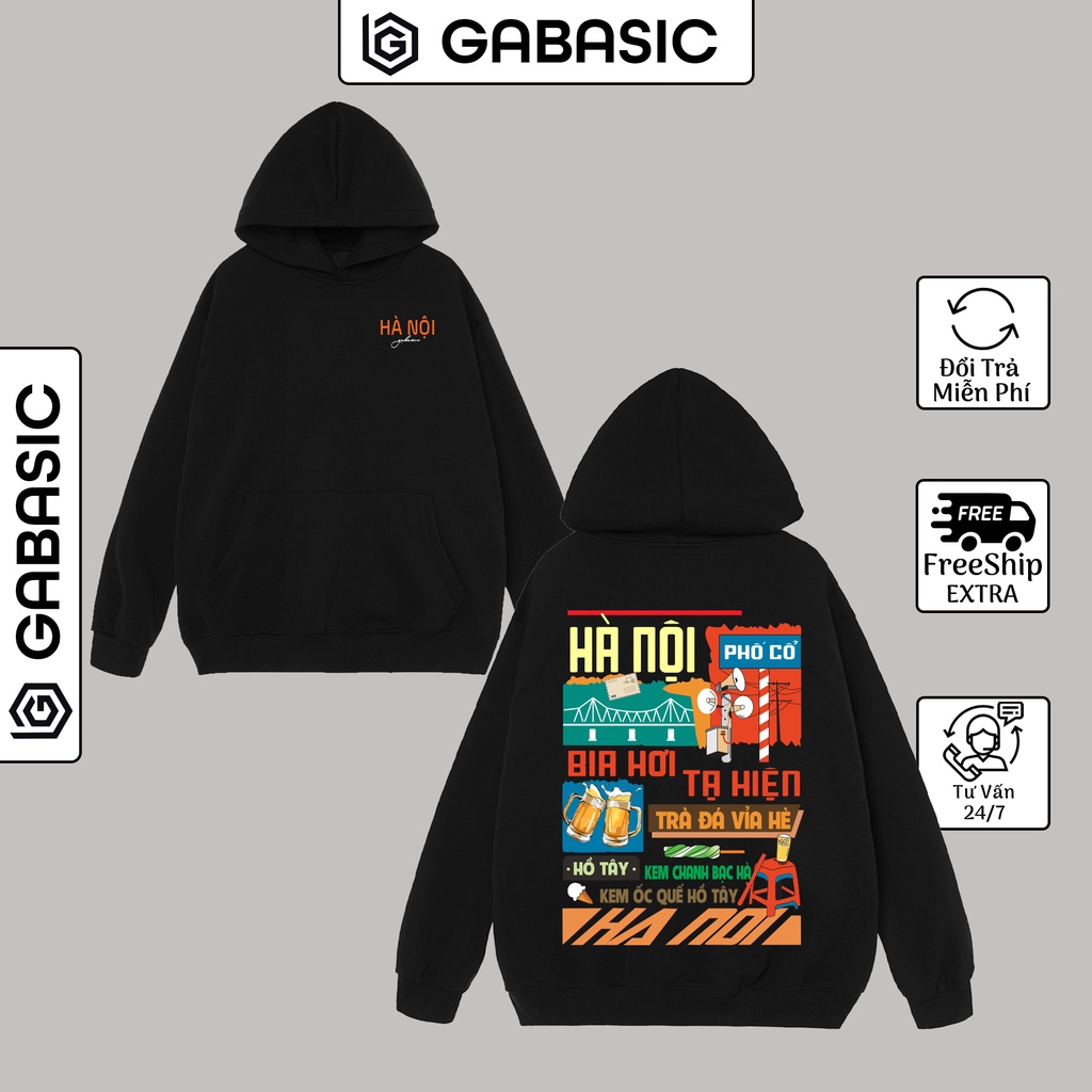 Áo Hoodie 63 Tỉnh Thành Việt Nam Nỉ Bông Unisex Nam Nữ Form Rộng GaBasic-Áo Mũ Hoodie Thu Đông Màu Đen Dày Dặn
