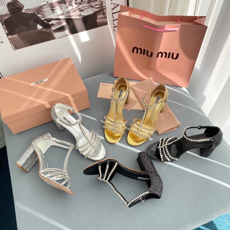 Sandal cao gót 10cm quai đính đá thương hiệu MiuMiu 2022 cao cấp da thật gót đính kim sa lấp lánh