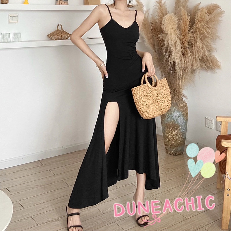 DUNEA Đầm Hai Dây Màu Trơn Hở Lưng Xẻ Tà Cao Gợi Cảm Cho Nữ