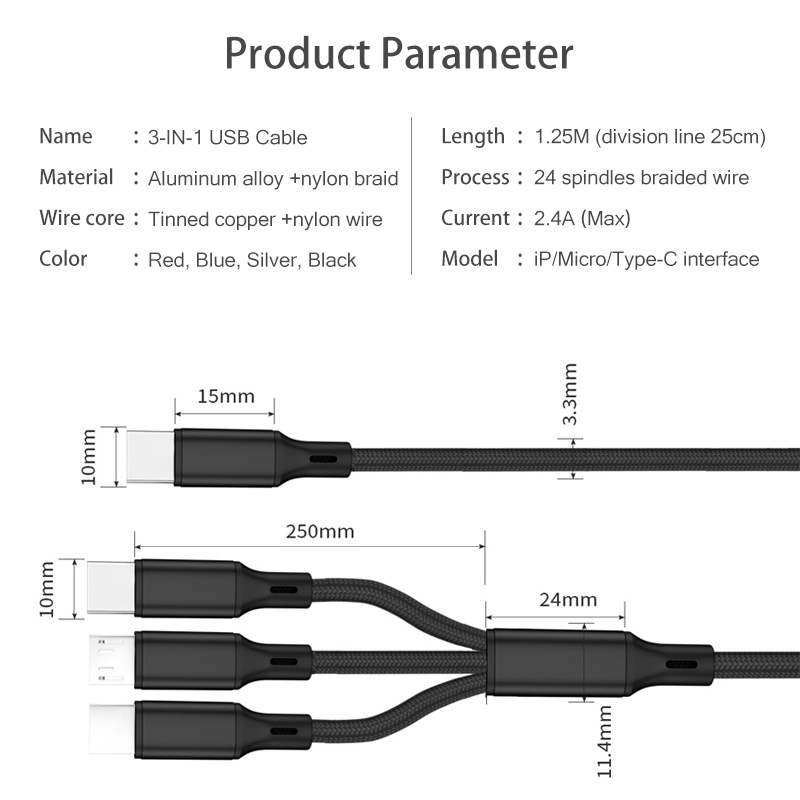 Cáp Sạc HdoorLink 3 Trong 1 Type C/ Micro USB Sạc Nhanh PD Với Thiết Kế Nylon Bện Cho iProduct 12 Android