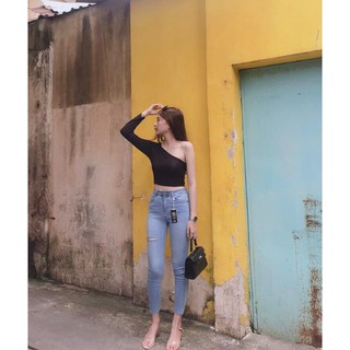 Áo lệch vai tay dài - trắng, đen - ảnh thật 100%