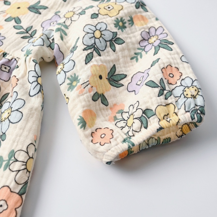 Váy Bé Gái Carrot Đầm Xòe Tay Lỡ Cổ Sen, Họa Tiết Hoa Xanh, Chất Xô Muslin Mềm, Thoáng Mát