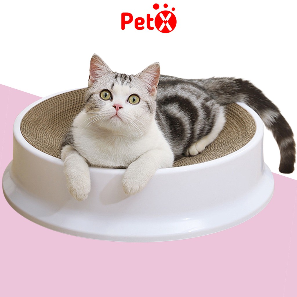 Bàn cào móng cho mèo vỏ nhựa hình tròn có thể tháo và thay lõi carton D 39.5x10cm