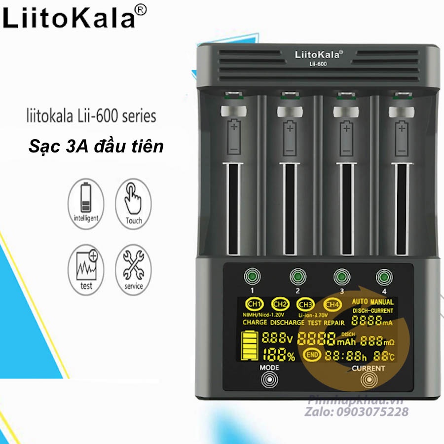 [S12] Bộ sạc cao cấp nhất hiện tại Liito Kala Lii 600 model 2021, sạc được 4 pin lớn 26650, có chức năng cứu pin chết