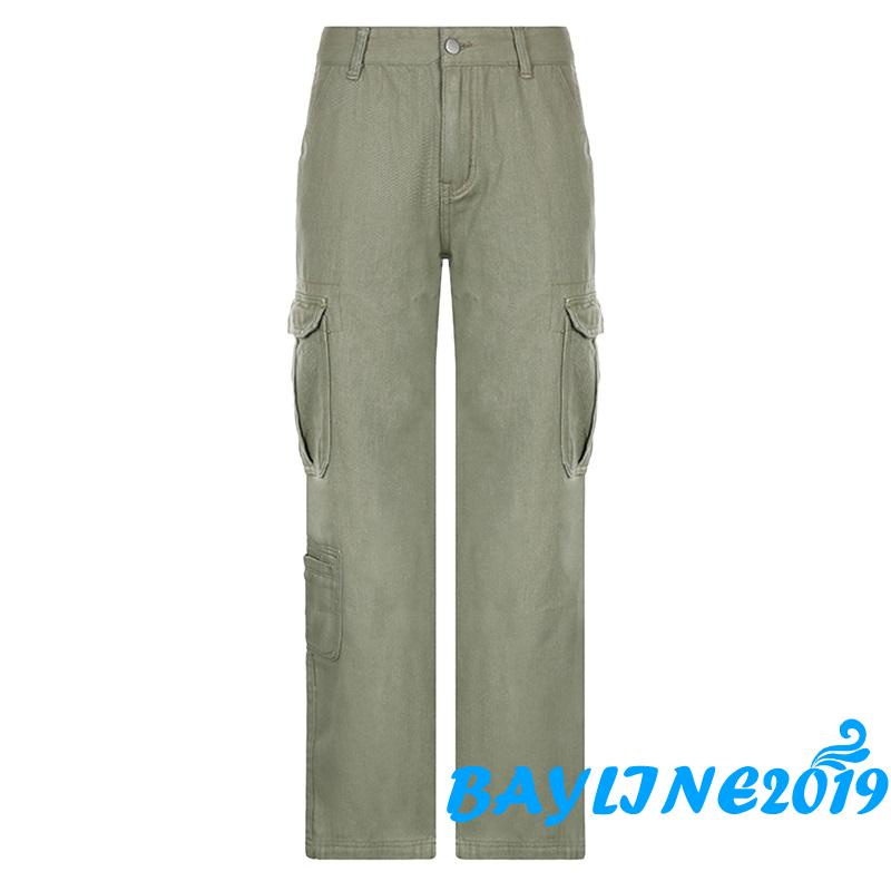 Bay-quần Jean Túi Hộp Lưng Vừa Dáng Rộng Màu Trơn Đơn Giản Với Nhiều Túi Màu Xanh Lá Cây Dành Cho Bạn Nữ