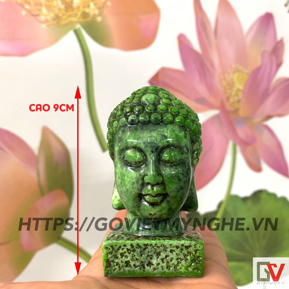 Tượng Đá Đầu Phật Thích Ca - Cao 9cm - Đá Màu Xanh Lục Bích - Đá Composite