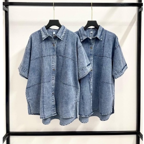 Áo Jeans bò viền màu đậm fom rộng cá tính, Áo sơ mi demin cộc tay phong cách ulzzang