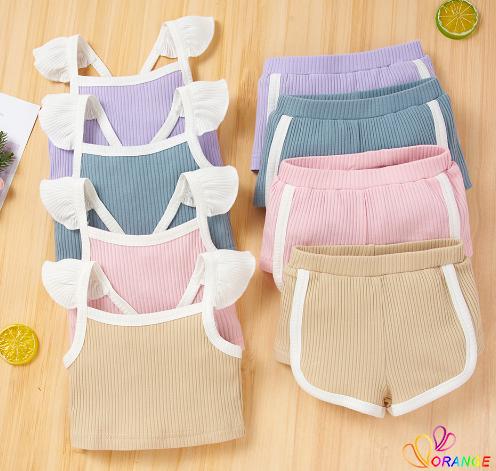 Bộ Áo Cổ Vuông Tay Cánh Tiên + Quần Short Co Giãn Cho Bé Gái Sơ Sinh 7-0 - 18 Tháng Tuổi