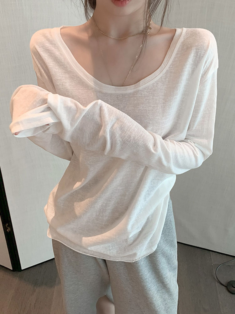 IELGY Áo Thun Tay Dài Cổ Tròn Dáng Rộng Màu Trắng Thời Trang Xuân Hè Mới Dành Cho Bạn Nữ