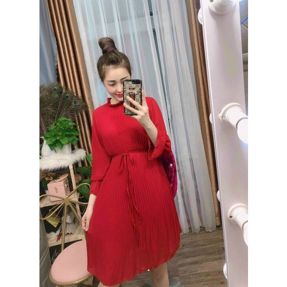 Đầm dập ly dáng suông tay dài cột eo siêu cưng -hình thật.