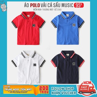 Áo POLO bé trai WAPYPY kẻ sọc cánh tay in in hình MUSIC áo thun cho bé chất vải thun CS hàng xuất Âu Mỹ