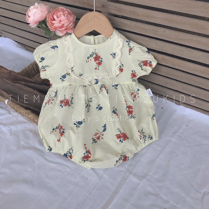 HÀNG THIẾT KẾ - Bộ liền chíp cài đũng cộc tay cổ phối ren thô hoa Hàn Quốc