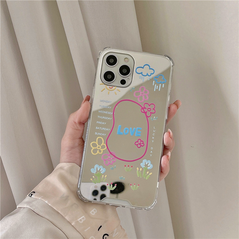 Ốp điện thoại tráng gương in hoa graffiti và chữ love cho iPhone Xs Max 11 / 12pro / Max / X / XS / XR / SE