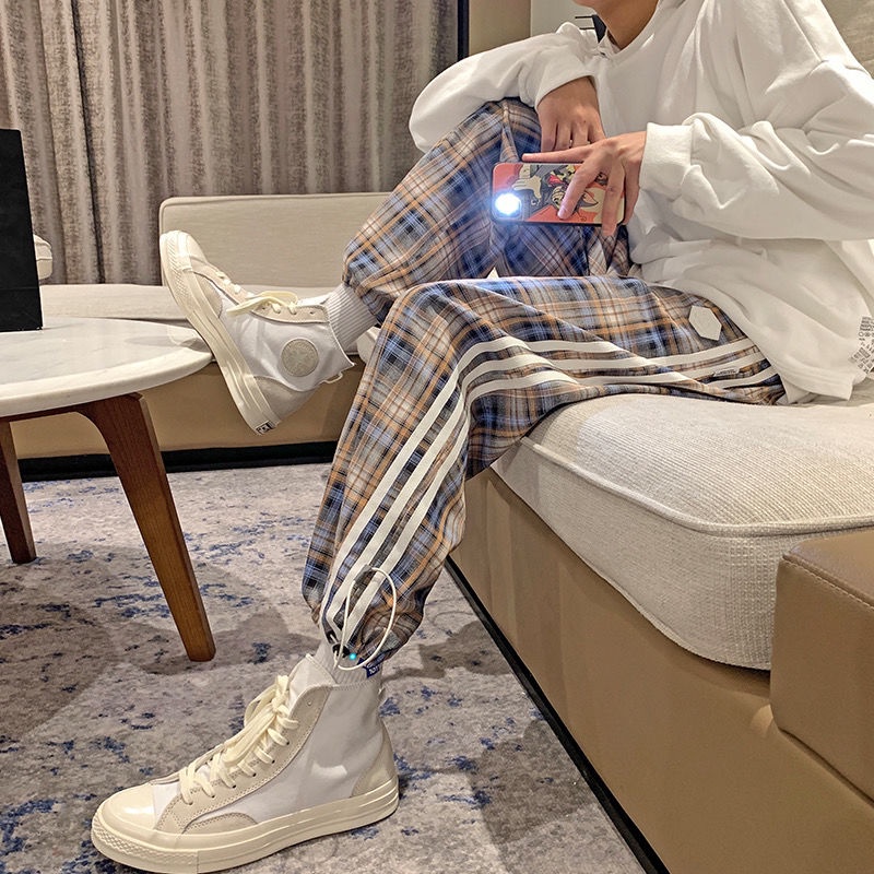 Quần Legging Mỏng Sọc Ca Rô Ống Suông Thời Trang Nam Kiểu Hong Kong Cá Tính 7.22
