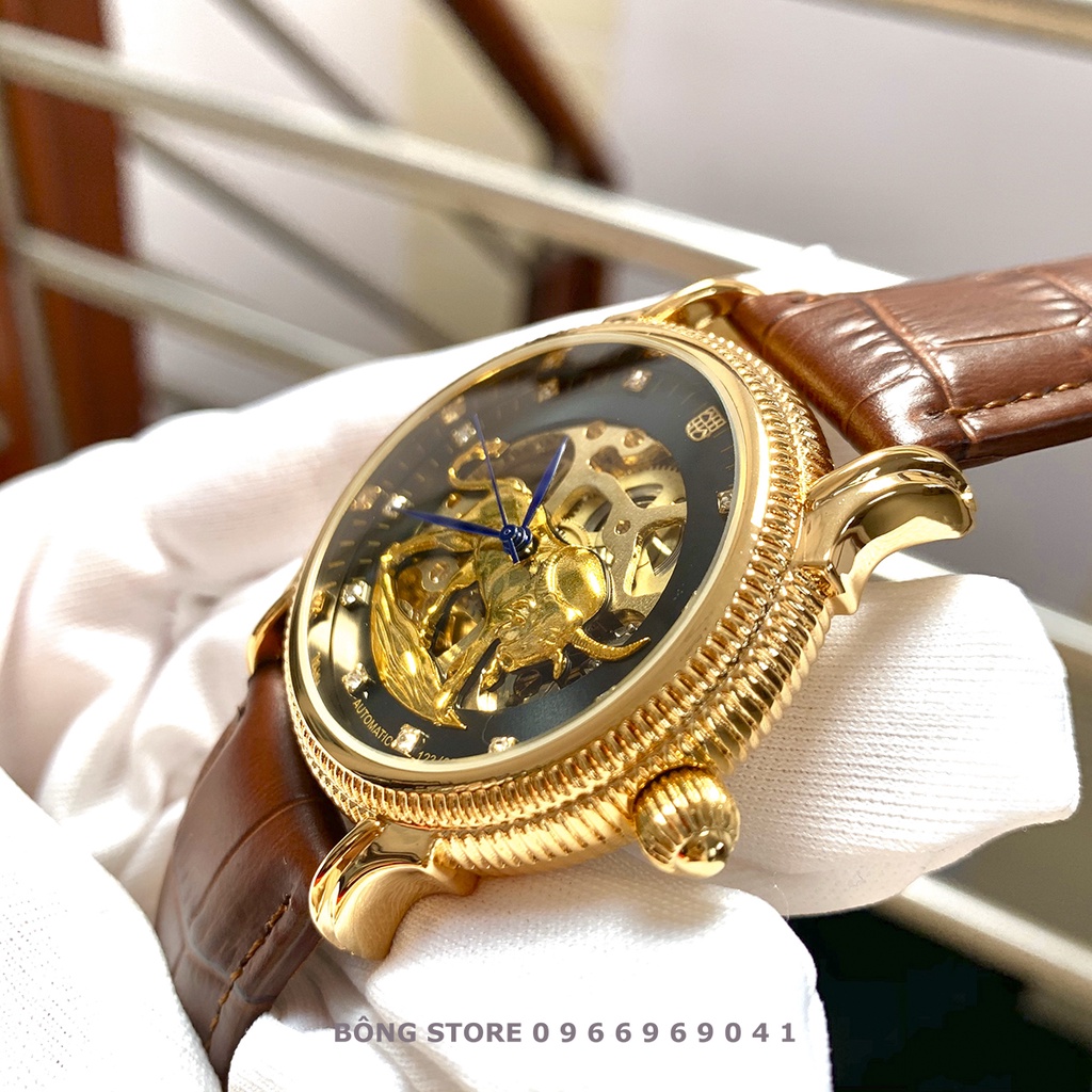 Đồng Hồ Cơ Nam Automatic Lộ Máy Dây Da Cao Cấp, Mặt Tròn Hình Trâu Vàng Kim Xanh Thể Hiện Sự Sang Trọng Phú Quý