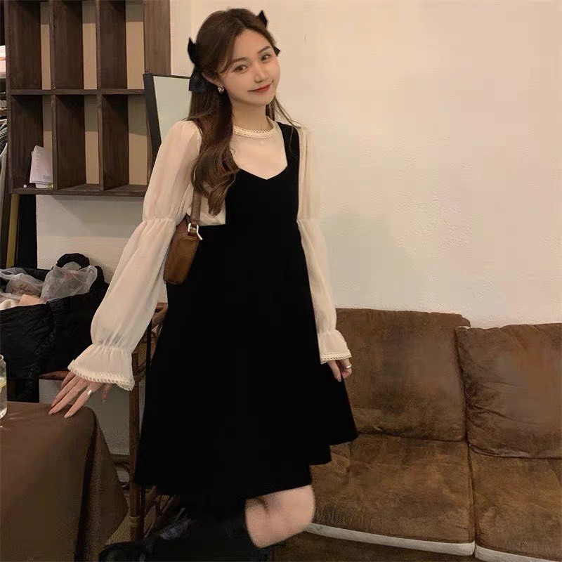 [Mã FAXANH245 giảm 10K đơn 50K] set đầm⚡Bán Lỗ⚡yếm nữ kèm áo sơ mi bèo trắng dài tay bồng tiểu thư babydoll [ S02] | BigBuy360 - bigbuy360.vn