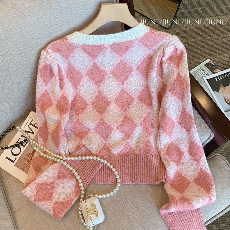 Áo Khoác Cardigan Dệt Kim Họa Tiết Hình Thoi Màu Hồng Ngọt Ngào Cho Nữ  tao bao