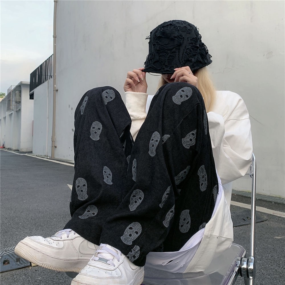 Quần nỉ nhung ống rộng unisex họa tiết đường phố hiphop