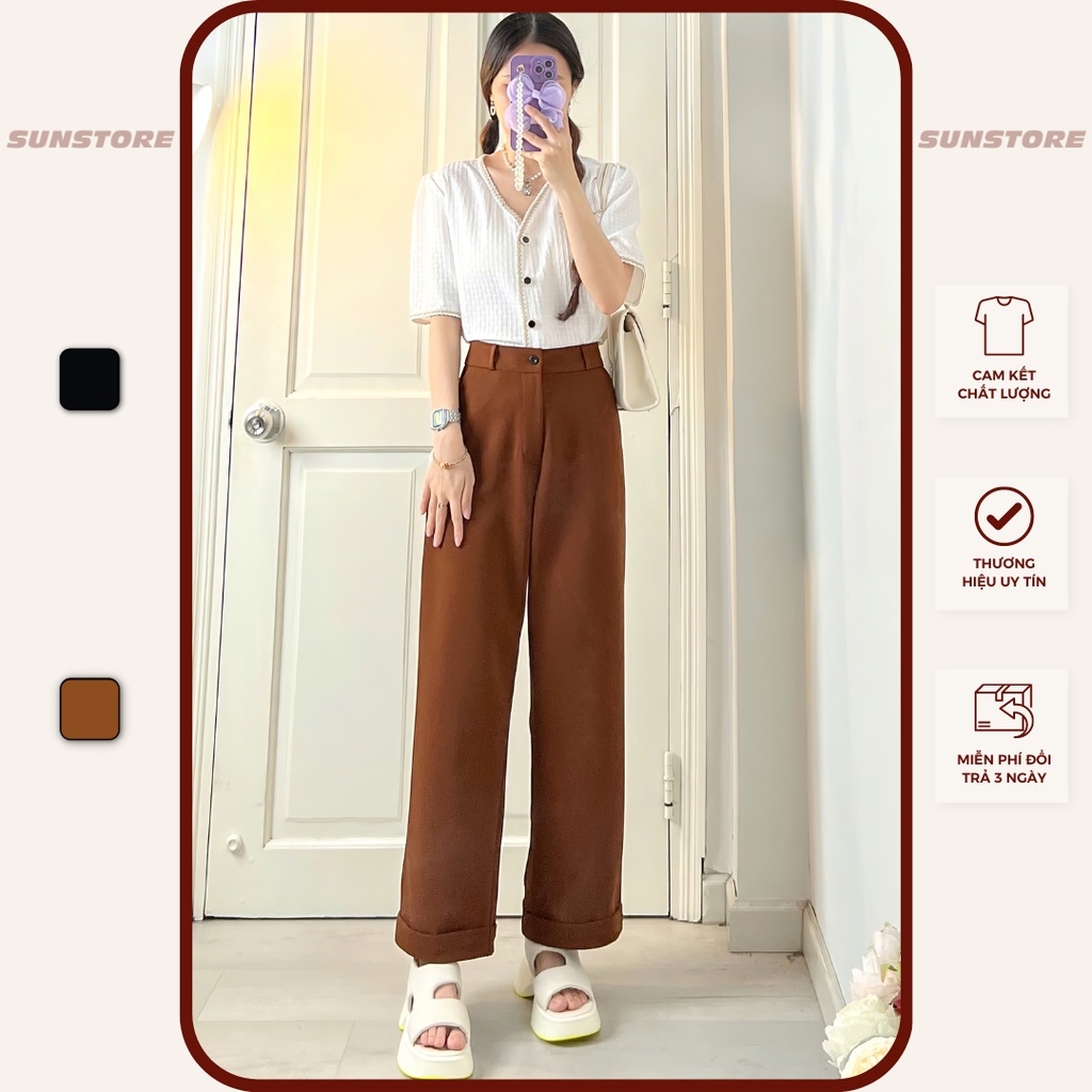 Quần ống rộng lửng xắn lai lưng cạp cao xuông dài form culottes màu đen và nâu cam - Sunstore
