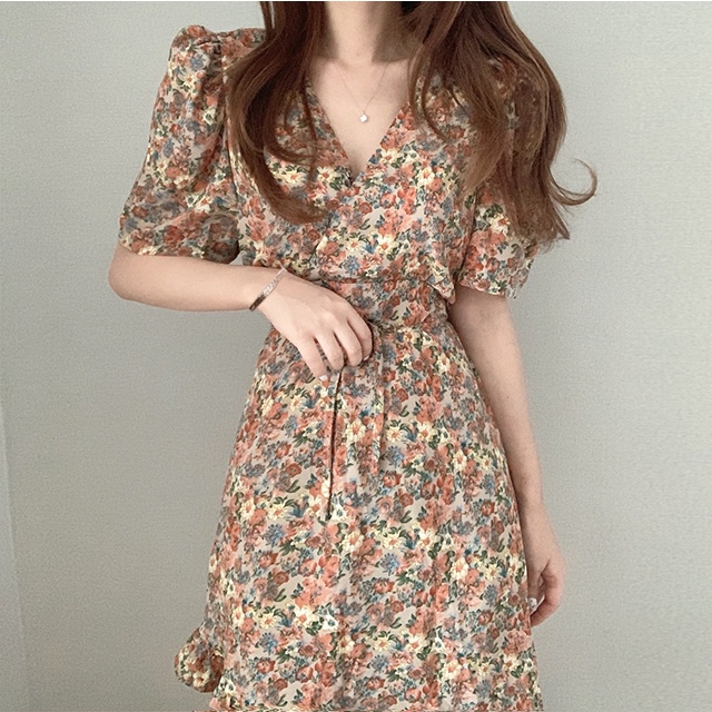 Đầm Hoa Tay Ngắn Cổ Chữ V Phong Cách Vintage  #QC78 #QC79