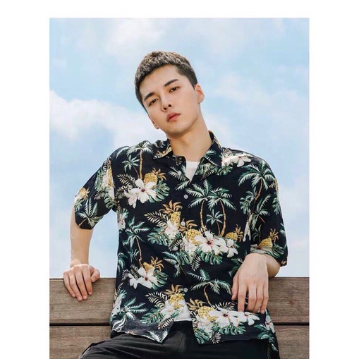 Áo sơ mi hawaii họa tiết cây dừa quả thơm thích hợp mặc đi biển theo nhóm, đồng phục đi biển, chất đũi vải mềm mát
