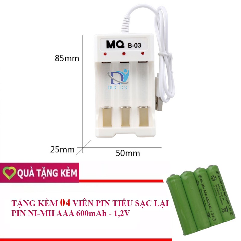 Bộ sạc pin tiểu, pin đũa  + tặng kèm 4 viên pin đũa sạc lại