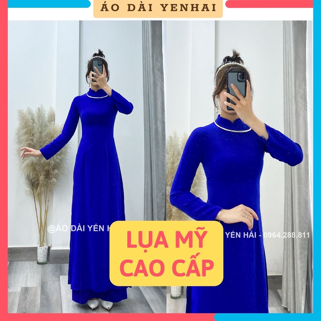 Áo dài xanh dương coban đậm trơn truyền thống may sẵn lụa mỹ cao cấp | B11