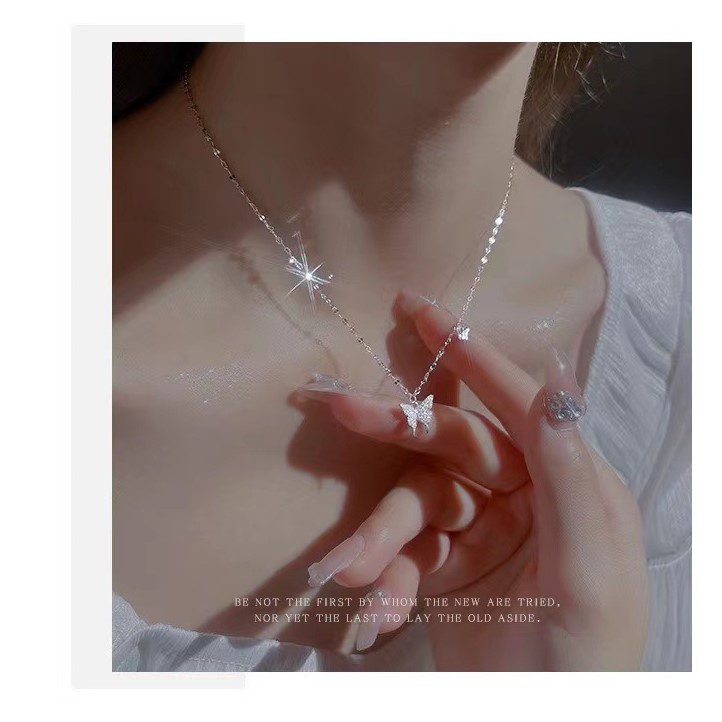 Dây chuyền bạc nữ mặt cánh bướm Butterfly đính đá thời trang, Vòng cổ chất liệu bạc Ý xinh xắn nữ tính