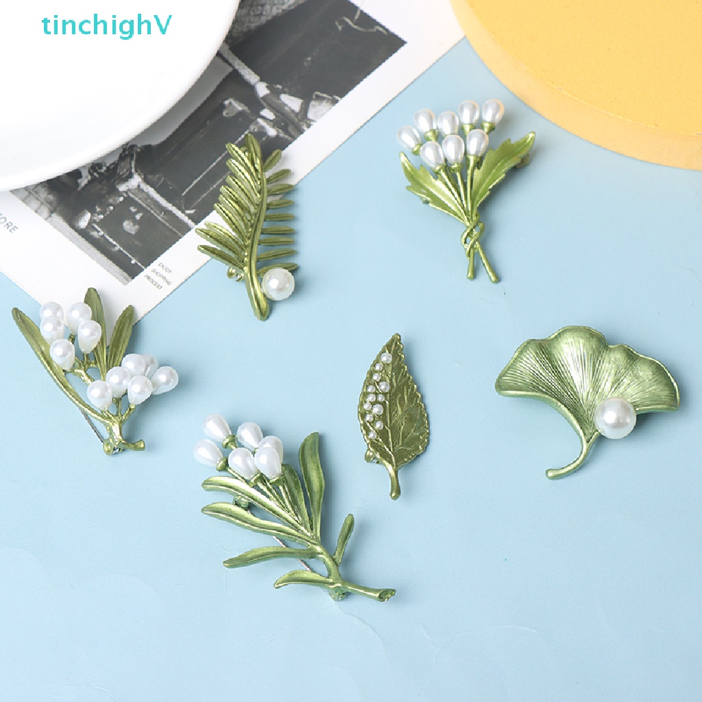[TinchighV] Trâm Cài Áo Hình Hoa Lá Đính Ngọc Trai Màu Xanh Lá Vintage Cho Nữ [Mới]