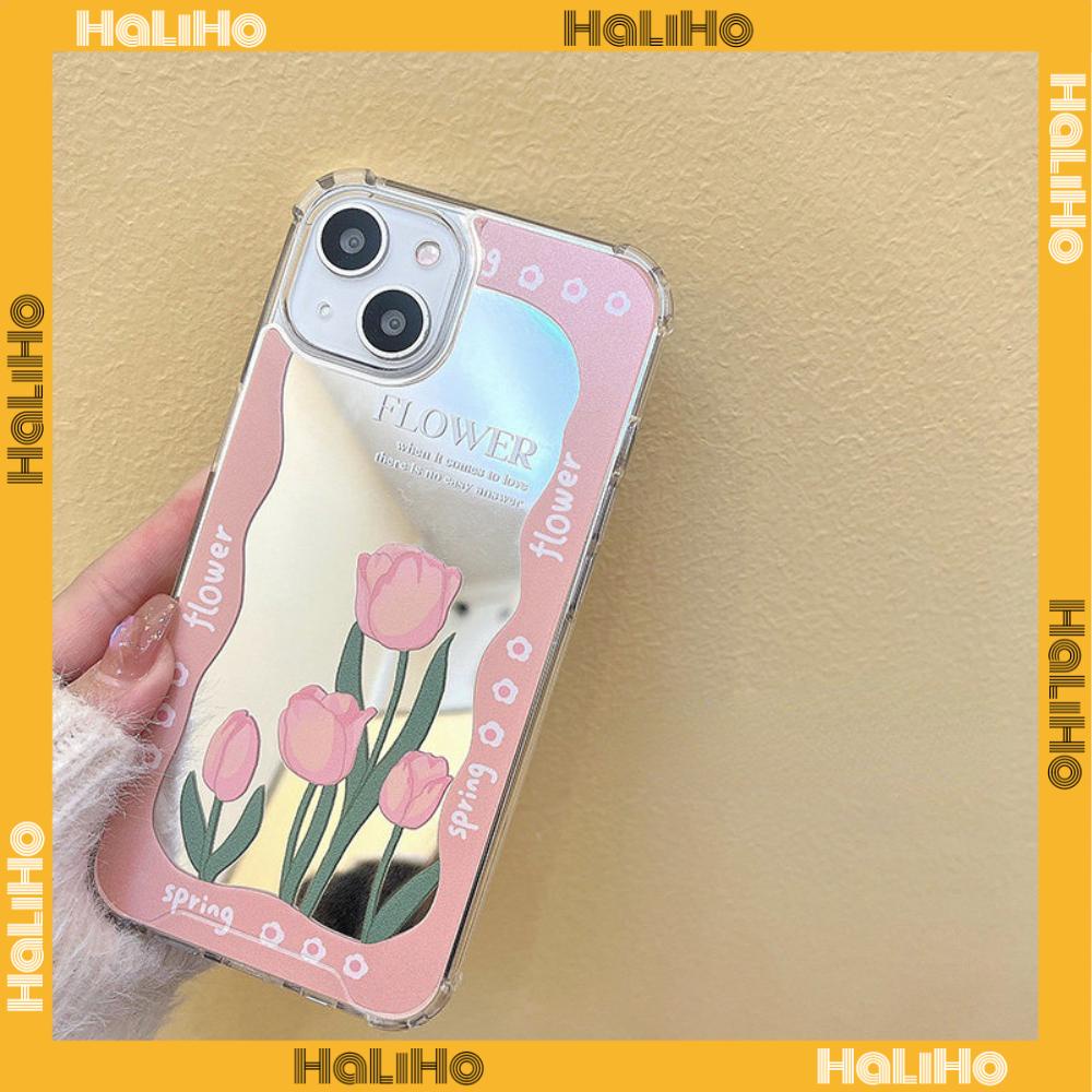 iPhone Case Acrylic Reflective Mirror Airbag Shockproof Protection Camera Pink Tulip Flower Compatible with iPhone 11 iPhone 13 Pro Max iPhone 12 Pro Max iPhone 7 Plus iPhone xr