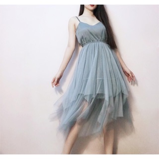 Đầm midi 2 dây lưới xoè bo eo korea