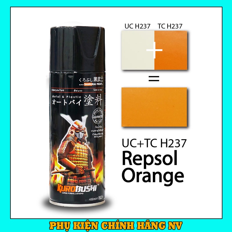 Sơn Samurai màu cam Repsol UCH237+TCH237 chính hãng, sơn xịt dàn áo xe máy chịu nhiệt, chống nứt nẻ, kháng xăng