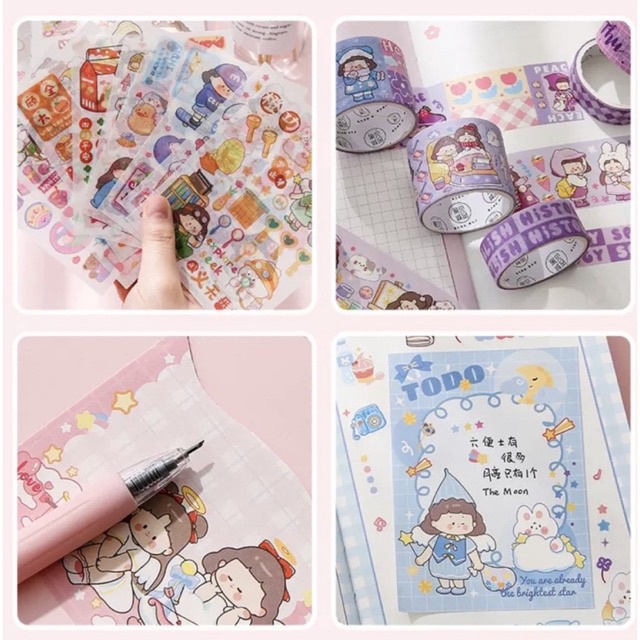 Set hộp quà tặng dễ thương kèm sổ tay sticker, washi, note bút
