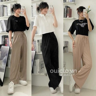Quần cullotes ống rộng lưng cao thun tăm dập ly ouiclo