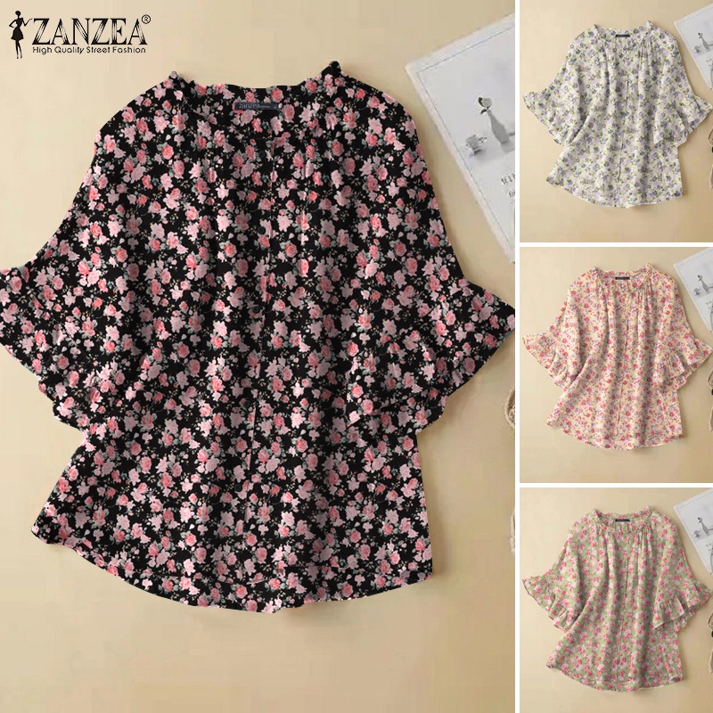 Zanzea Áo Kiểu Tay Lửng Cổ Tròn Phối Bèo In Họa Tiết Vintage Thời Trang Cho Nữ