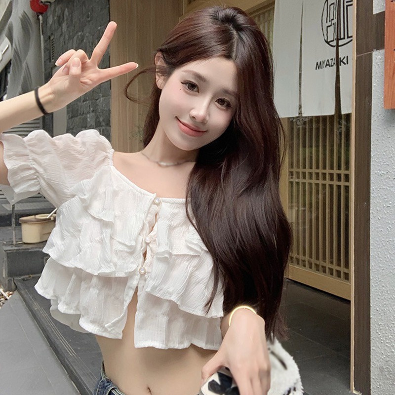 Áo Chiffon Croptop Tay Ngắn Hở Vai Một Hàng Nút Màu Sắc Ngọt Ngào Cho Nữ