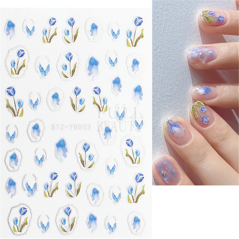 Bộ 3 Miếng Dán Trang Trí Móng Tay Chống Nước Tự Dính Họa Tiết Hoa Tulip Hồng Xanh Dương
