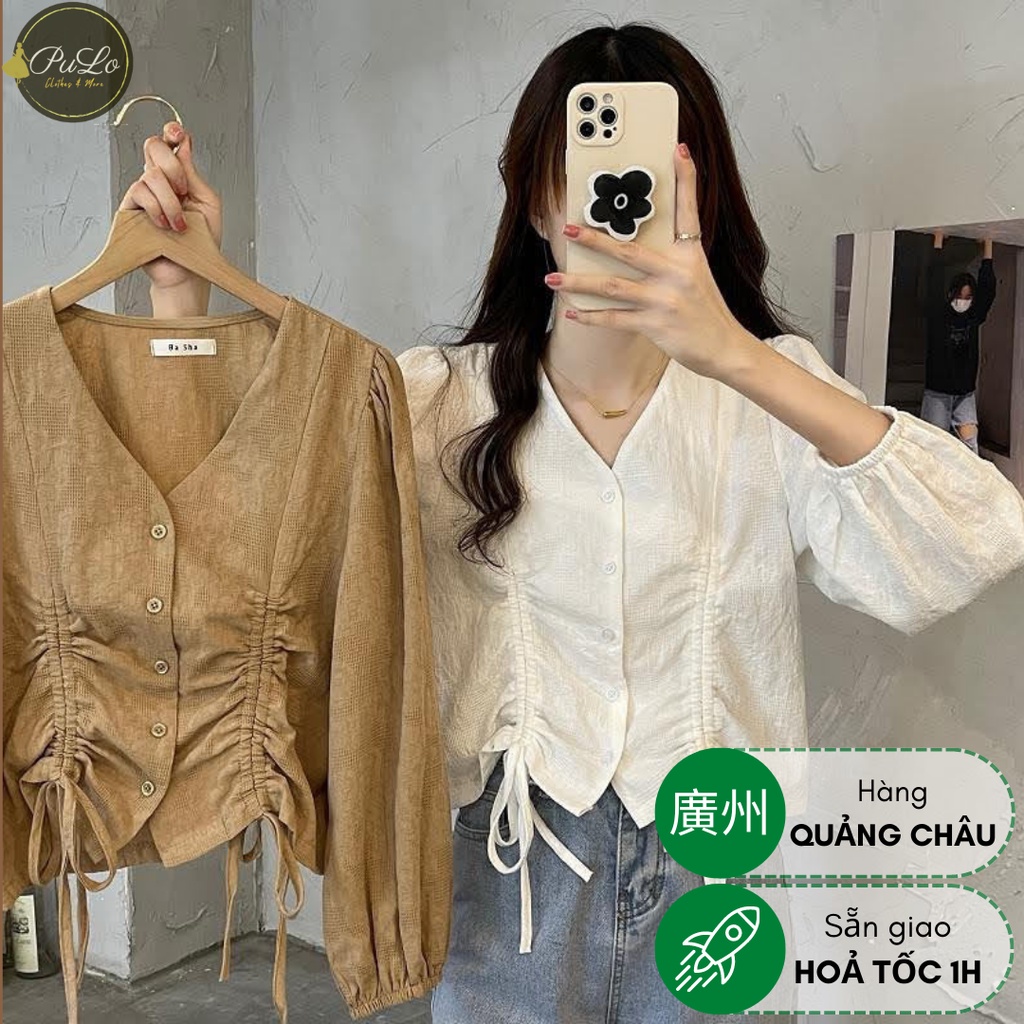 Áo sơ mi cổ V rút dây eo phong cách Hàn Quốc tay bo dài A102