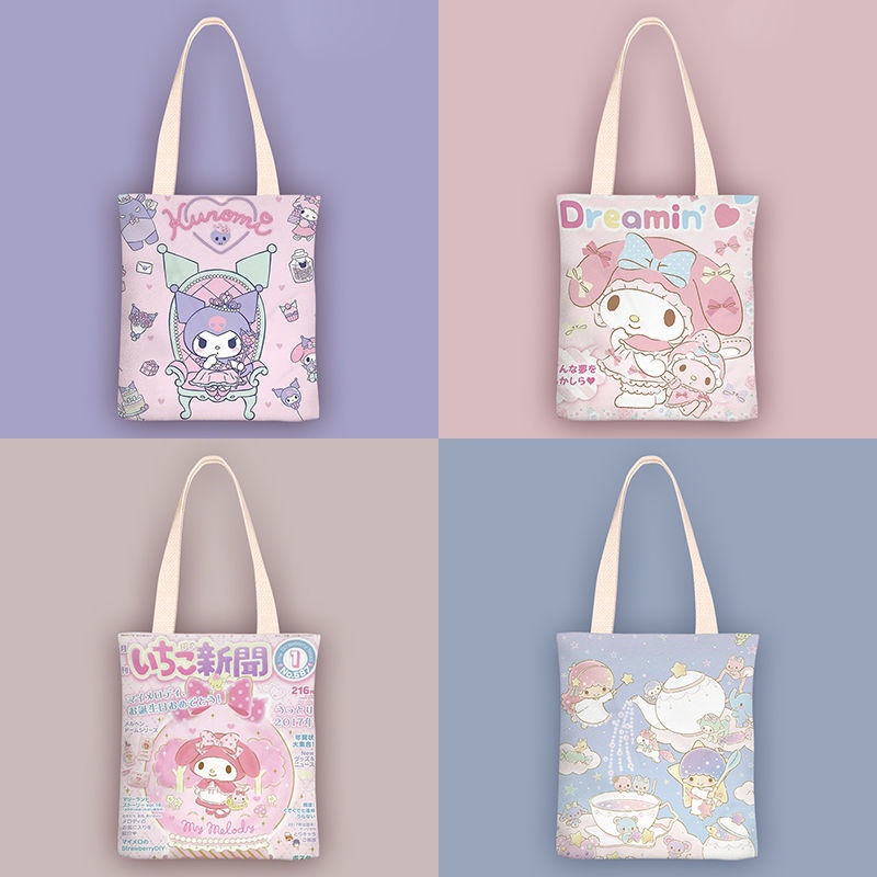 Sanrio kitty family Moledy Kuromi canvas bag Túi vải túi một vai cô gái túi xách túi học sinh túi zipper túi túi môi trường