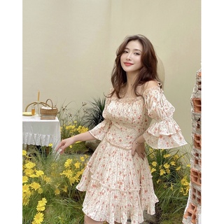 Đầm hoa bẹt vai - Camila - RED BEAN